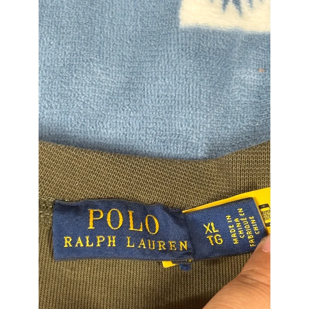 Polo Ralph Lauren Mens XL Olive Green Acid Wash Bleach Splatter Crew Sweatshirt